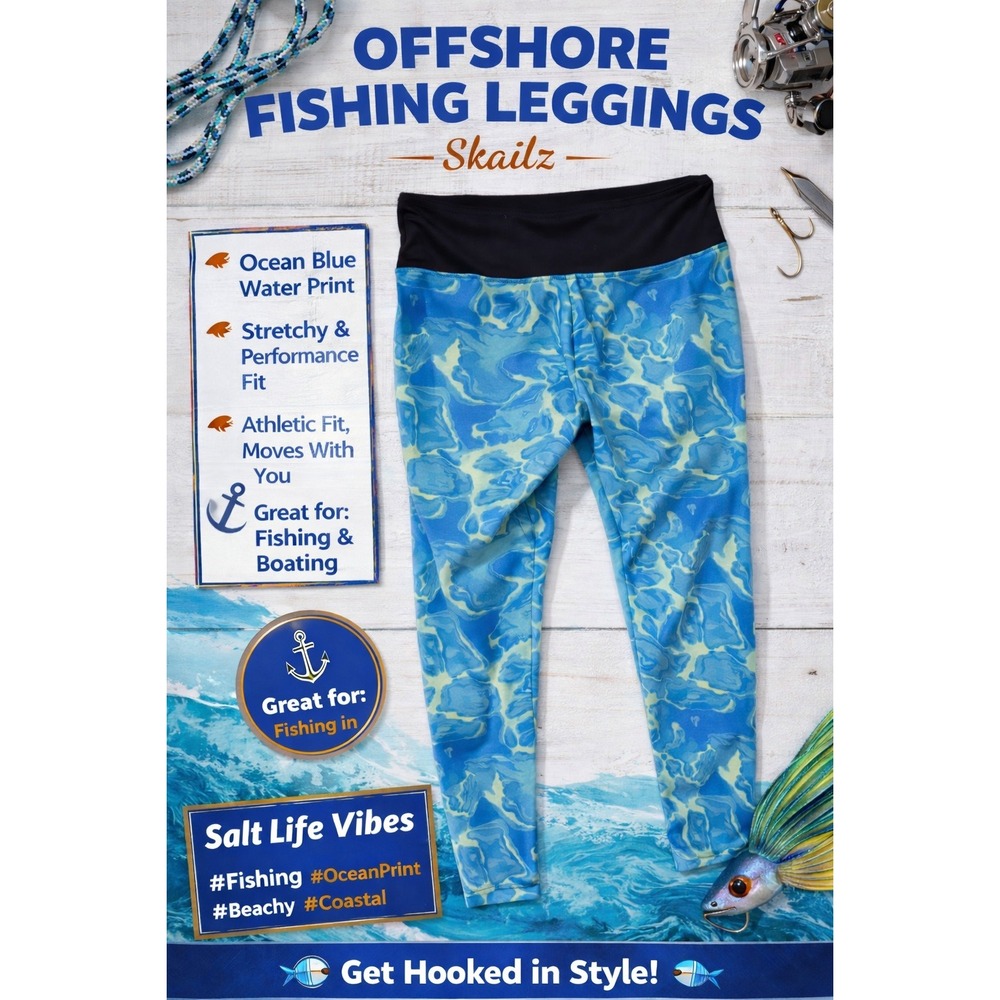 Fishing Active‎ Summer Loco Skailz Blue Yellow Water Ripple Print Leggings